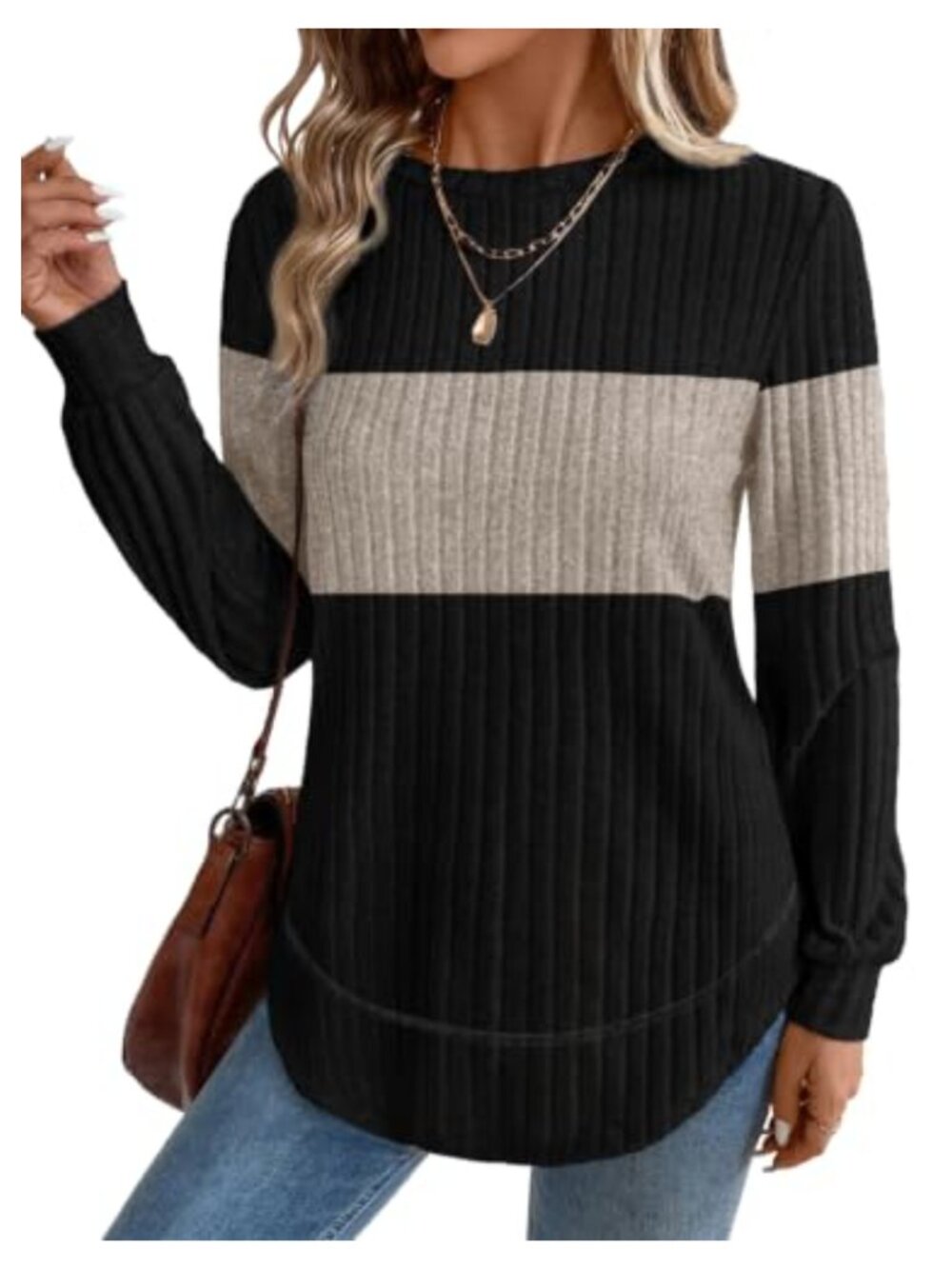 Women's Crew Neck Tunic Sweater Long Sleeve Curved Hem Pullover Top